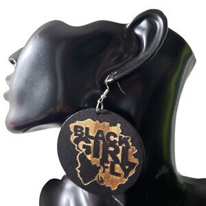 Womens Black Girl Fly African American Wooden Round Retro French Hook Earrings